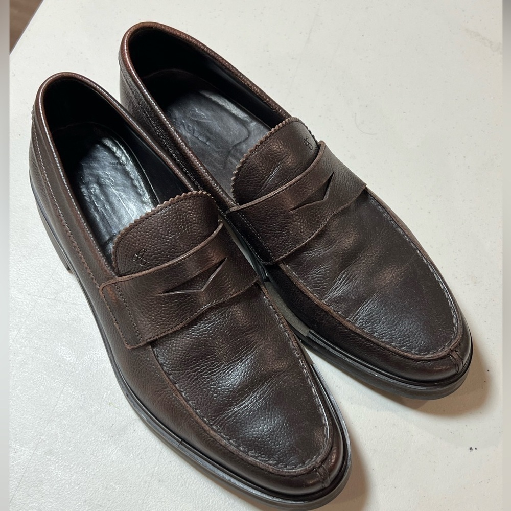 Canali Size 8 Pebble Brown Penny Loafers Genuine Leather Made in Italy Shoe